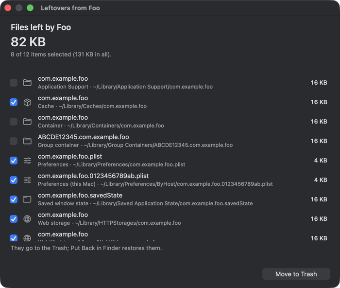 The leftovers review for an example app: caches, preferences and saved state ticked; data folders unticked