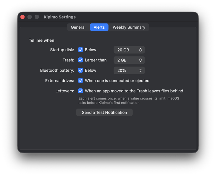 Settings, Alerts tab: startup disk, Trash, Bluetooth battery, external drives and leftovers