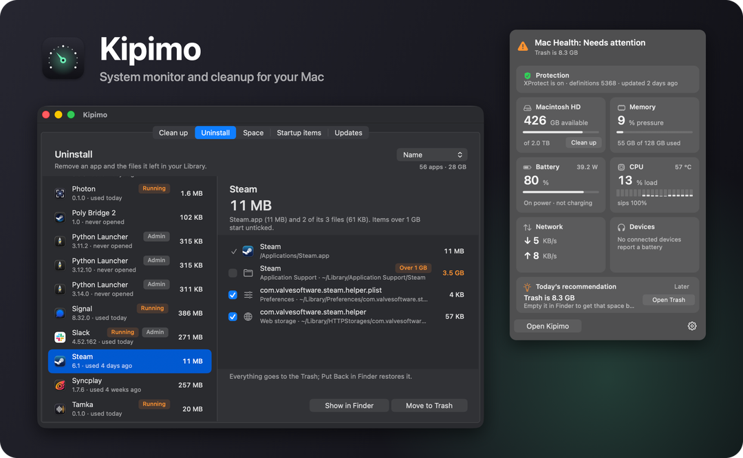 Kipimo’s menu bar panel, with disk, memory, battery, CPU, network and devices, next to its Uninstall window listing installed apps and the files one app keeps in the Library