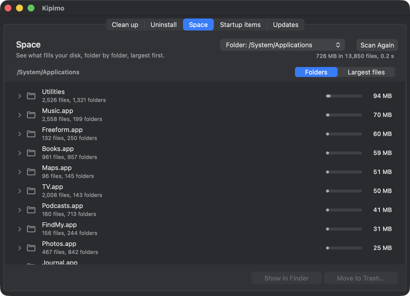 Space: the System Applications folder with its largest items first, their sizes and file counts