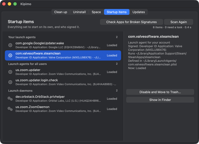 Startup items: launch agents and daemons from Google, Valve, Zoom and OrbStack, each with its signer; Steam’s agent is selected