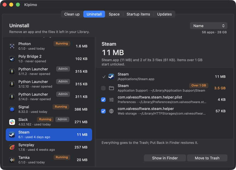 Uninstall: installed apps with their size and last use, and the files one app keeps in the Library