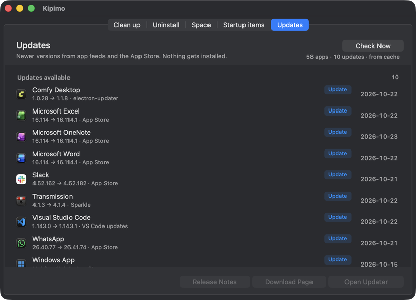 Updates: apps with a newer version available, where it was found, and its release date