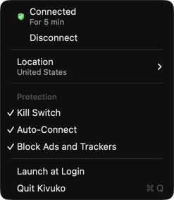 The Kivuko menu: Connected for 5 minutes, Disconnect, Location, the Protection toggles, Launch at Login and Quit