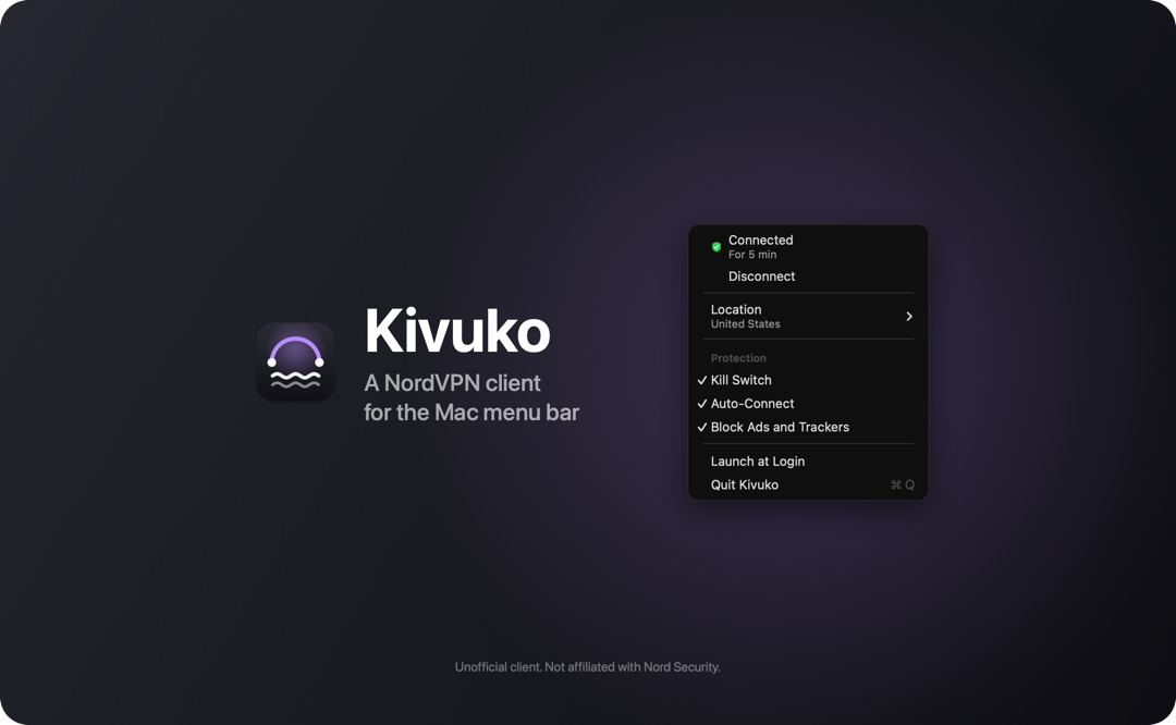Kivuko’s menu while connected: Disconnect, Location set to United States, and Kill Switch, Auto-Connect and Block Ads and Trackers ticked