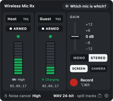 The deck: strips named Host and Guest, both armed and linked, with level meters, Host’s battery at High and Guest charging, firmware 02.03.17, the gain fader at 0 dB, stereo selected, SCREEN on and the Record button