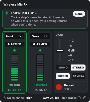 Identify mode: Host’s strip is outlined in green and the banner says That’s Host (TX1)