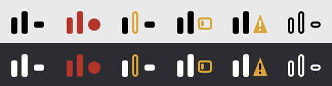 The menu bar icon on a light and a dark menu bar, in six states