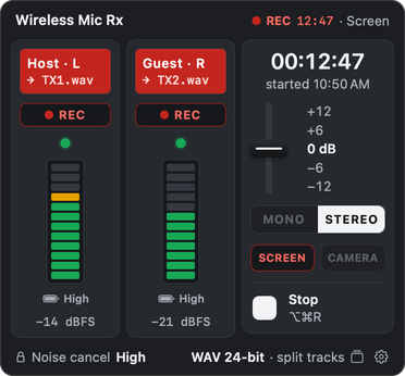 The deck while recording: red name plates for Host on the left and Guest on the right, each naming its file, the elapsed time 00:12:47 and SCREEN lit