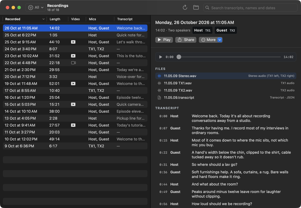 The Recordings window: 18 takes with their date, length, video badge, mics and the start of their transcript; the selected take shows its audio player, files and a Host and Guest transcript with timestamps