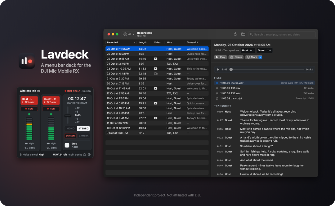 Lavdeck’s deck recording two mics in stereo, next to the Recordings window with a two-speaker take and its transcript