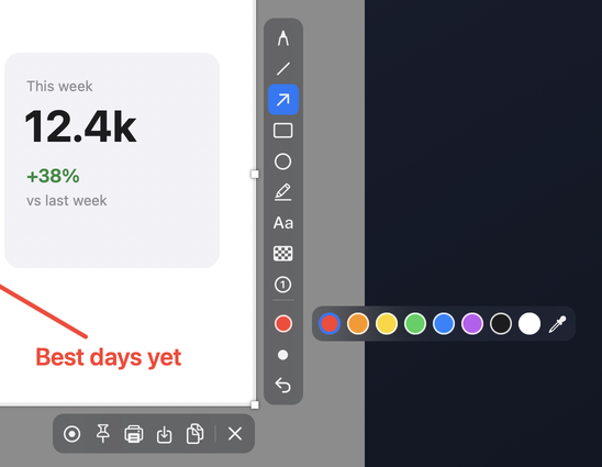 Marking up a screenshot in Photon: the tool palette with its colour swatches open
