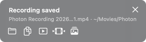 The Recording saved panel, with buttons to show the file, copy it, open it, trim it and make a GIF