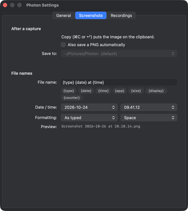 Photon’s Settings, Screenshots tab: auto-save, the save folder and the file name template with a live preview