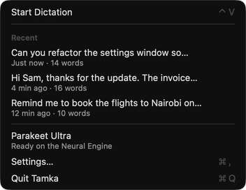 The Tamka menu with three recent dictations, the active model and Settings