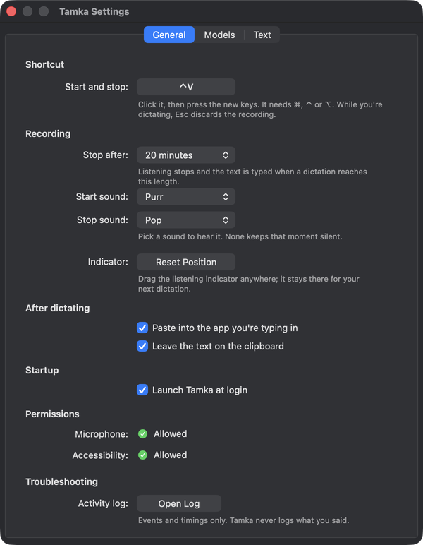 Settings, General tab: shortcut, recording, indicator, paste, startup, permissions and troubleshooting