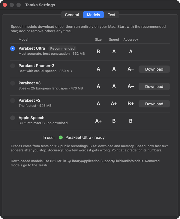Settings, Models tab: Parakeet Ultra, Phonon-2, v3, v2 and Apple Speech, each graded for size, speed and accuracy
