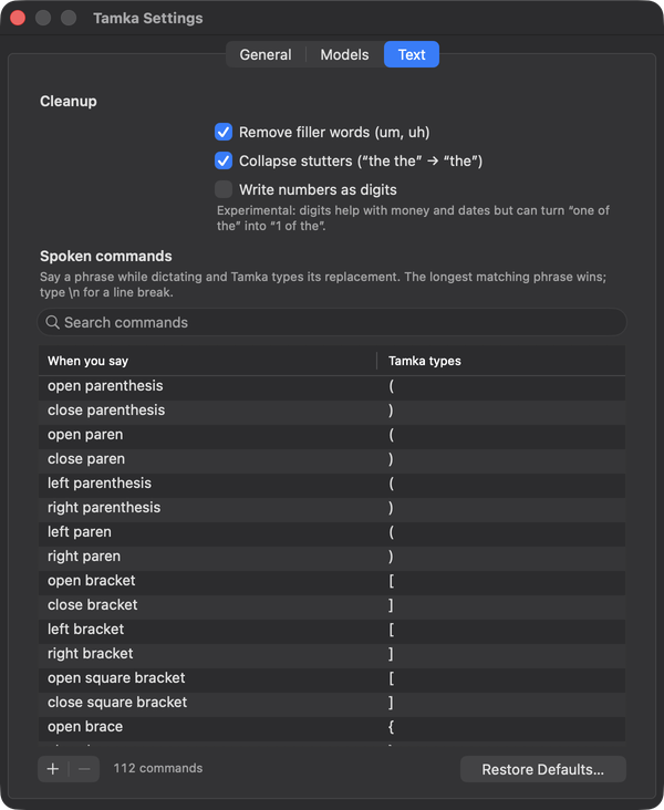 Settings, Text tab: cleanup options and a searchable table of spoken commands