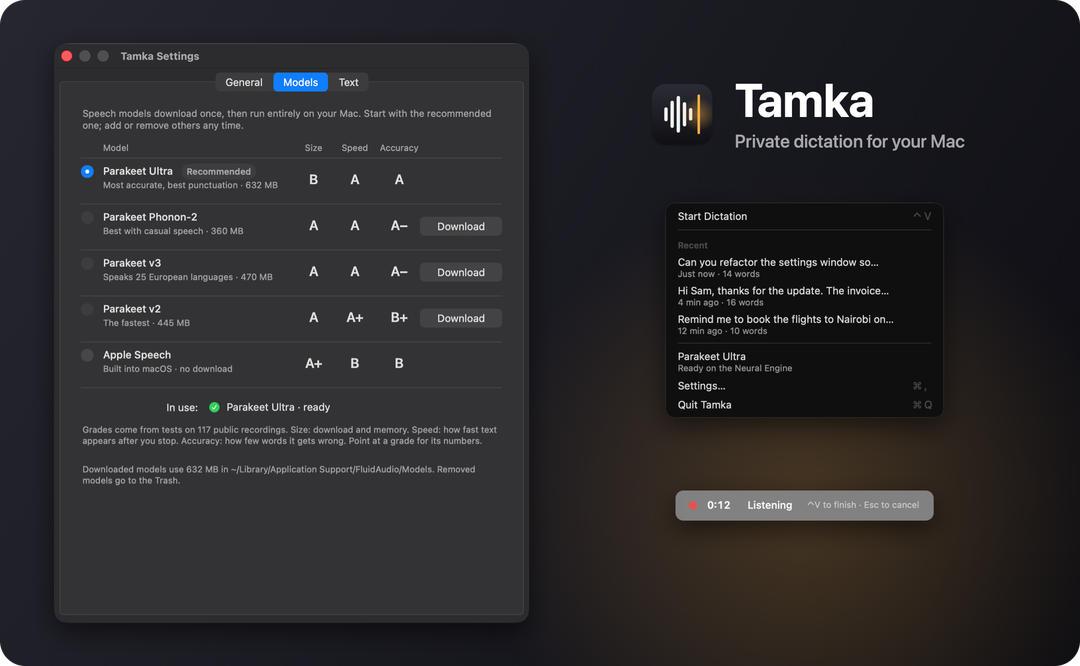 Tamka’s Models settings with Parakeet Ultra in use, its menu with three recent dictations, and the listening indicator at 0:12